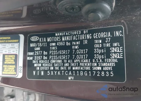 2011 Kia Sorento Lx from USA, damaged, VIN 5XYKTCA11BG172835